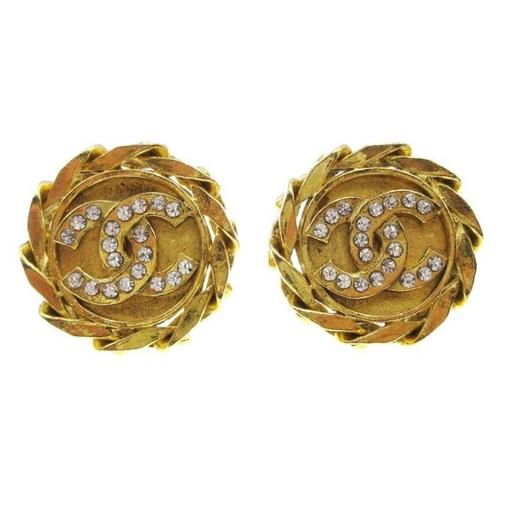 Chanel Button Rhinestone Earrings Clip-On Gold - Picture 1 of 4